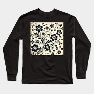 Black Floral Pattern on Beige Long Sleeve T-Shirt